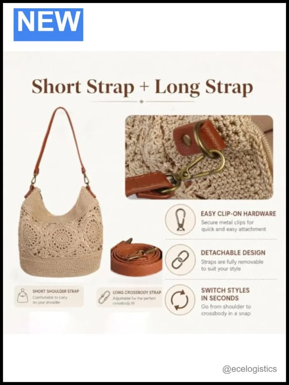 Boho Crochet Crossbody Bag Women Handmade Hobo Purse Large Tote Summer Beach